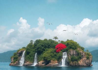The primary subject of the image is a red flower on a rocky island. The setting is a tropical island with a lush green forest surrounding the flower. The visual style is a photo of the island with the flower in the foreground. The dominant colors are red and green, creating a vibrant and lively atmosphere.
